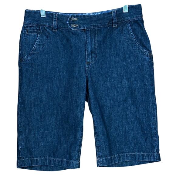 CLEARANCE Eddie Bauer Women's Sz 10 Dark Wash Denim Shorts Flap Back Pockets - Picture 1 of 10